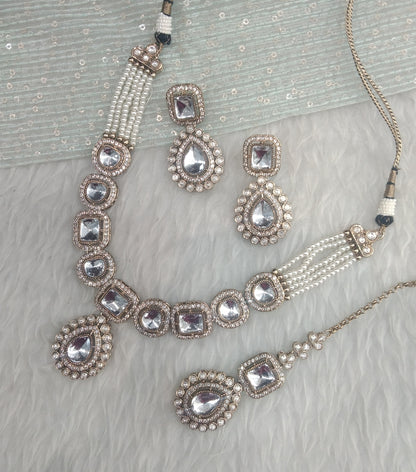 White Gold Moissanite Kundan Necklace Jewellery Manddy Set