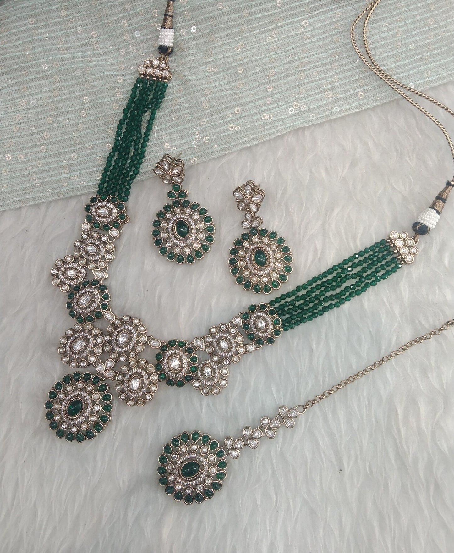 Green Gold Moissanite Kundan Necklace Jewellery Manddy Set