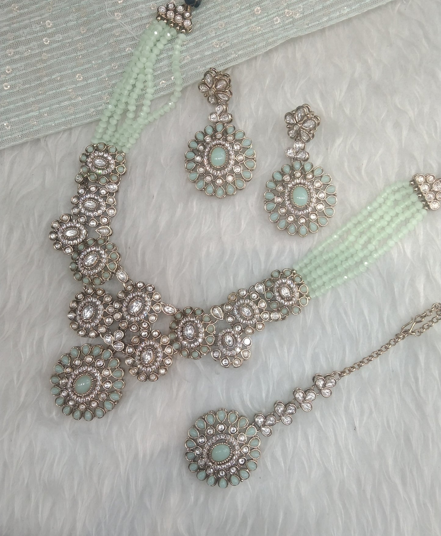 Pista Gold Moissanite Kundan Necklace Jewellery Manddy Set
