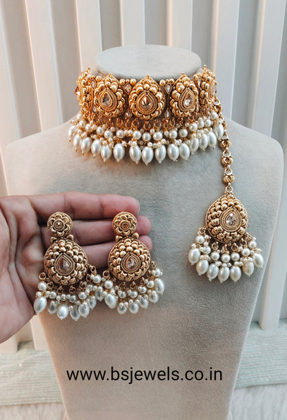 Gold White Punjabi Choker Birpal set