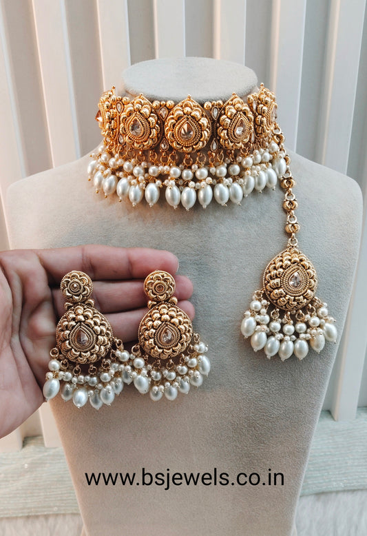 Gold White Punjabi Choker Birpal set
