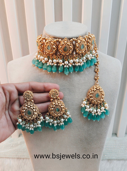 Sage Green Gold Punjabi Choker Birpal set