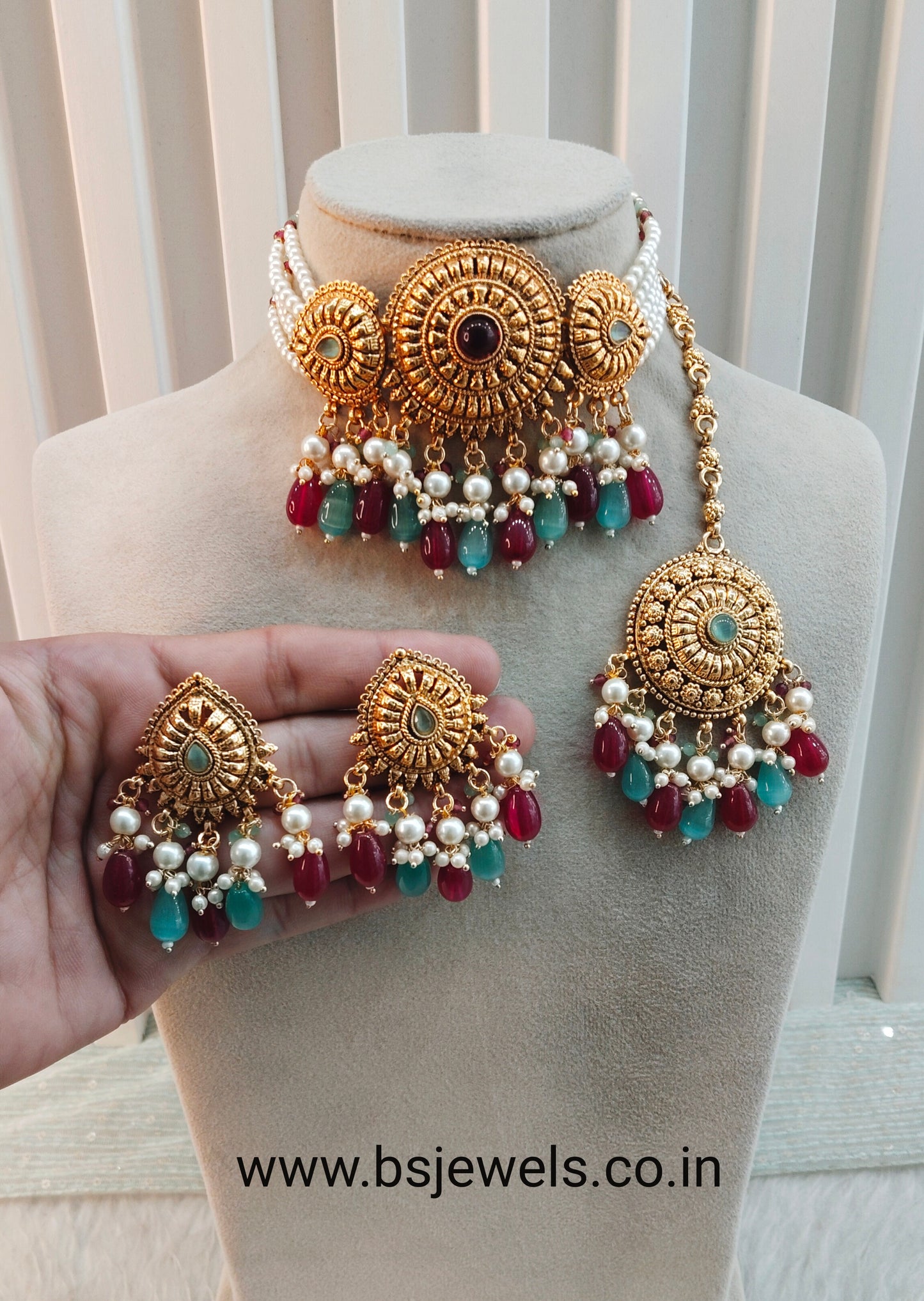 Ruby Sage Green Gold Punjabi Choker Birpal set