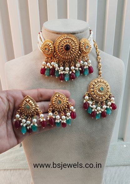 Ruby Sage Green Gold Punjabi Choker Birpal set