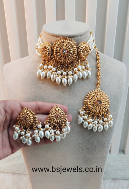 Gold White Punjabi Choker Birpal set