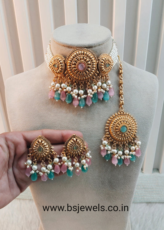 Pink Sage Green Gold Punjabi Choker Birpal set