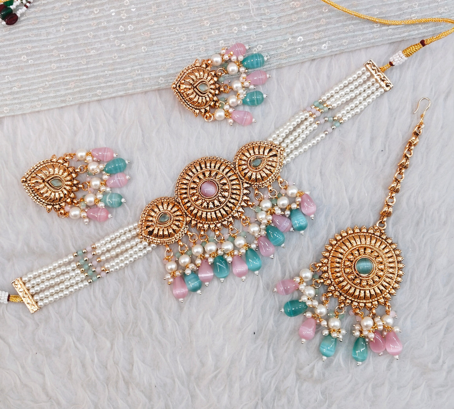 Pink Sage Green Gold Punjabi Choker Birpal set