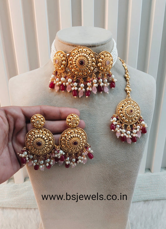 Ruby Pink Gold Punjabi Choker Birpal set