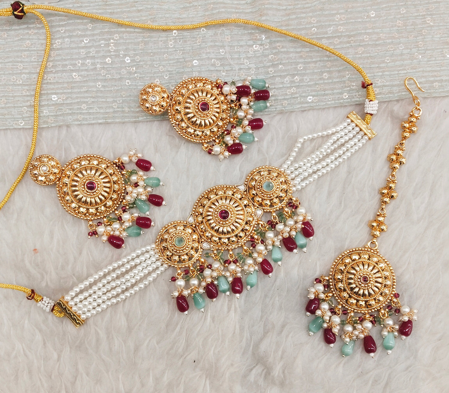 Ruby Sage Green Gold Punjabi Choker Birpal set
