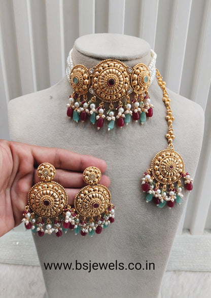 Ruby Sage Green Gold Punjabi Choker Birpal set