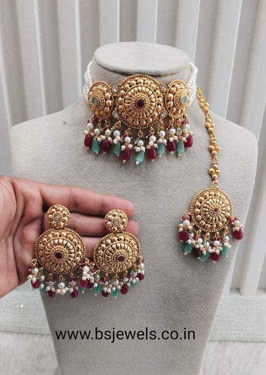 Ruby Sage Green Gold Punjabi Choker Birpal set