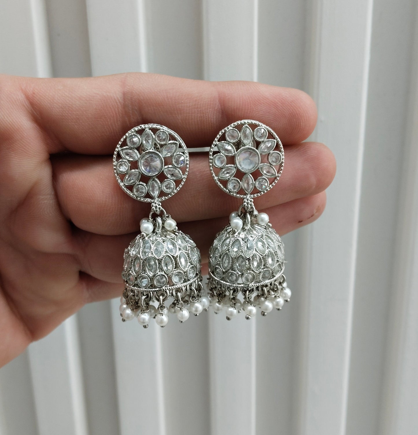 Silver White Jhumki Bollywood Dev Earrings
