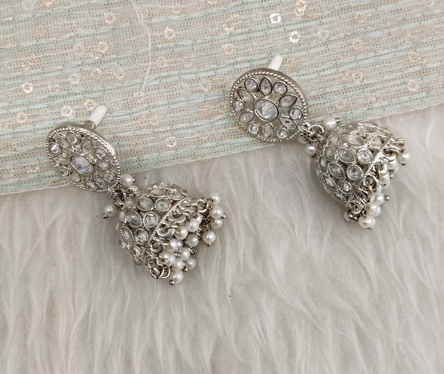 Silver White Jhumki Bollywood Dev Earrings