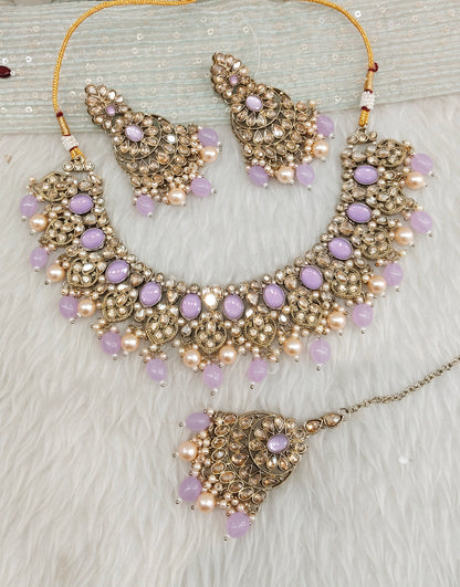 Lavender Antique Gold Necklace Jewellery Rasha Set