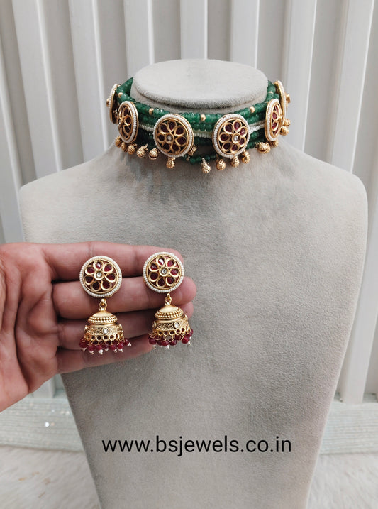 Ruby Sage Green Gold Polki Choker Jewellery Rossy Set