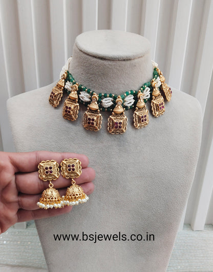 Ruby Sage Green Gold Polki Necklace Jewellery Rana Set
