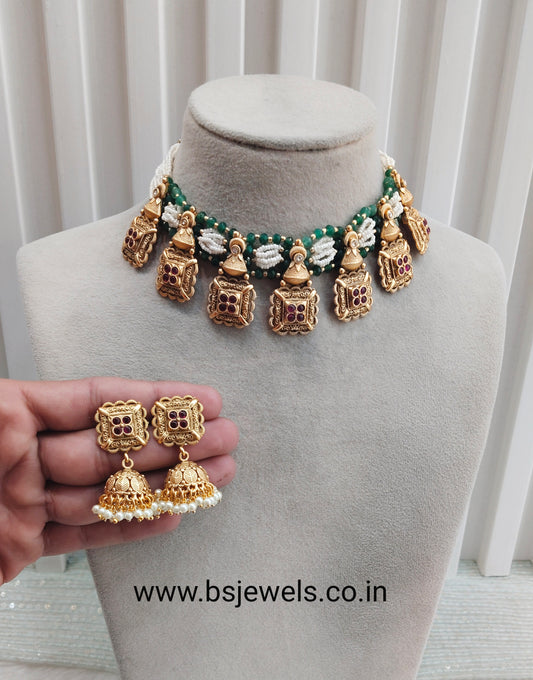 Ruby Sage Green Gold Polki Necklace Jewellery Rana Set