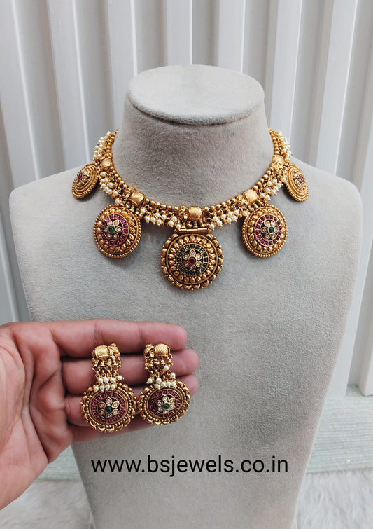 Ruby Green Gold Polki Necklace Jewellery Rana Set