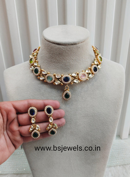 Multi Color Gold Polki Necklace Jewellery Maxwel Set