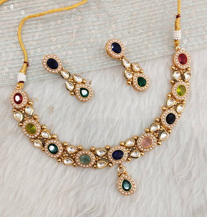 Multi Color Gold Polki Necklace Jewellery Maxwel Set