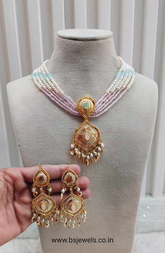 Mint Pink Gold Jadau Punjabi Style Necklace Jewellery Smith Set