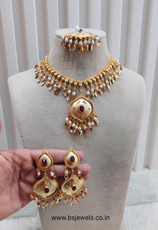 Maroon Gold Jadau Punjabi Style Necklace Jewellery Smith Set