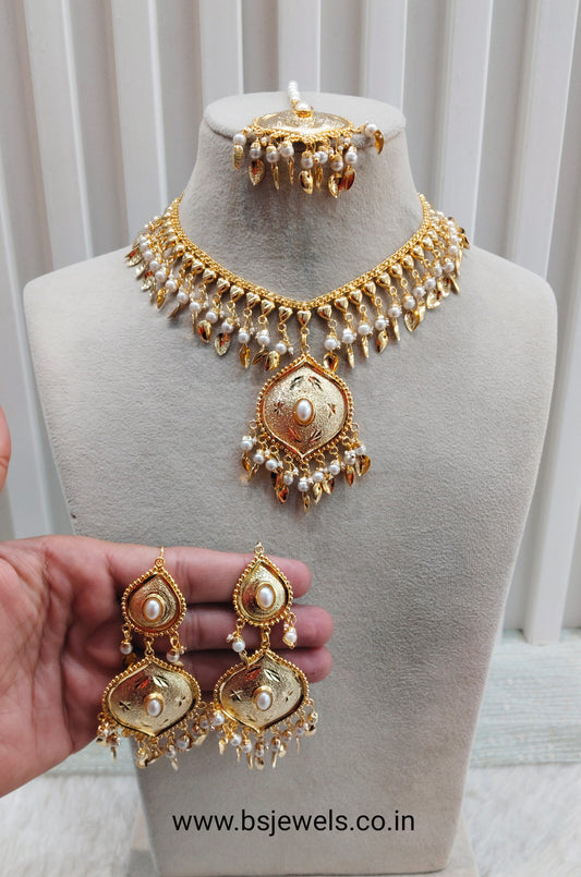 White Gold Jadau Punjabi Style Necklace Jewellery Smith Set