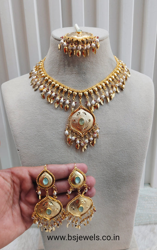 Pista Gold Jadau Punjabi Style Necklace Jewellery Smith Set