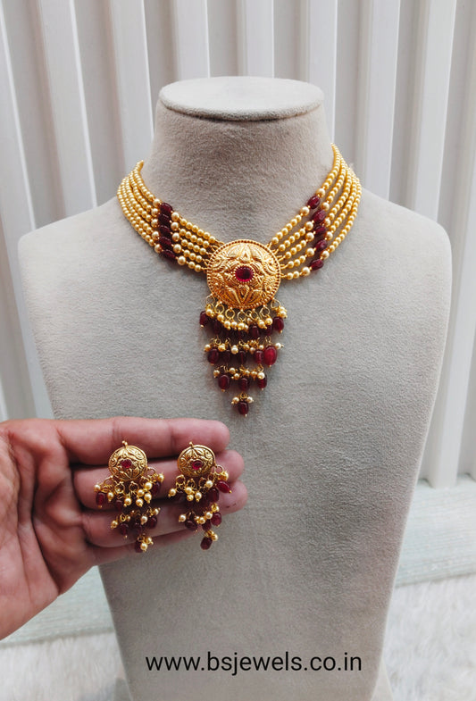 Maroon Gold Jadau Punjabi Style Necklace Jewellery Smith Set