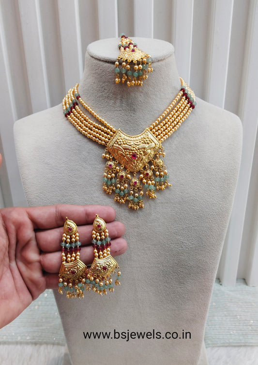Ruby Sea Green Gold Jadau Punjabi Style Necklace Jewellery Smith Set