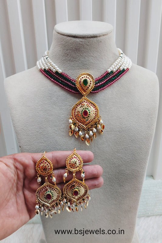 Ruby Green Gold Jadau Punjabi Style Necklace Jewellery Smith Set