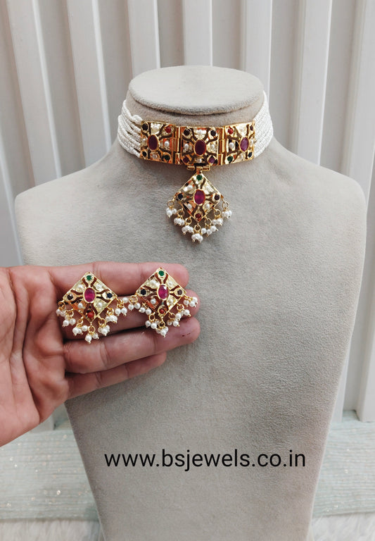 Multi Color Gold Jadau Punjabi Style Choker Jewellery Smith Set