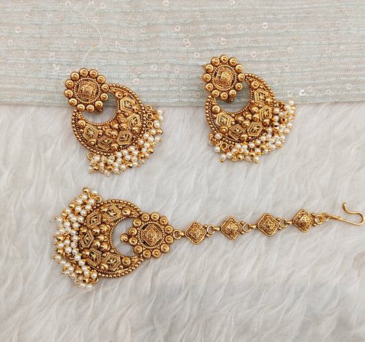 Gold Chandbali Bollywood Earrings and Tikka