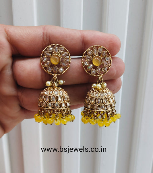 Yellow Antique Gold Jhumki Bollywood Earrings