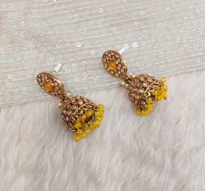 Yellow Antique Gold Jhumki Bollywood Earrings