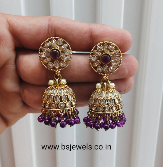 Purple Antique Gold Jhumki Bollywood Earrings