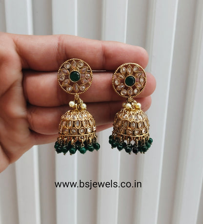 Green Antique Gold Jhumki Bollywood Earrings