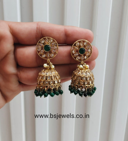 Green Antique Gold Jhumki Bollywood Earrings