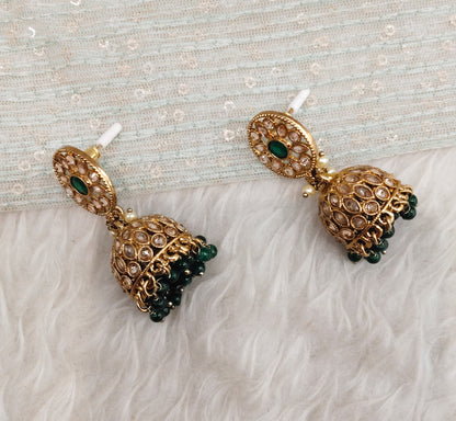 Green Antique Gold Jhumki Bollywood Earrings