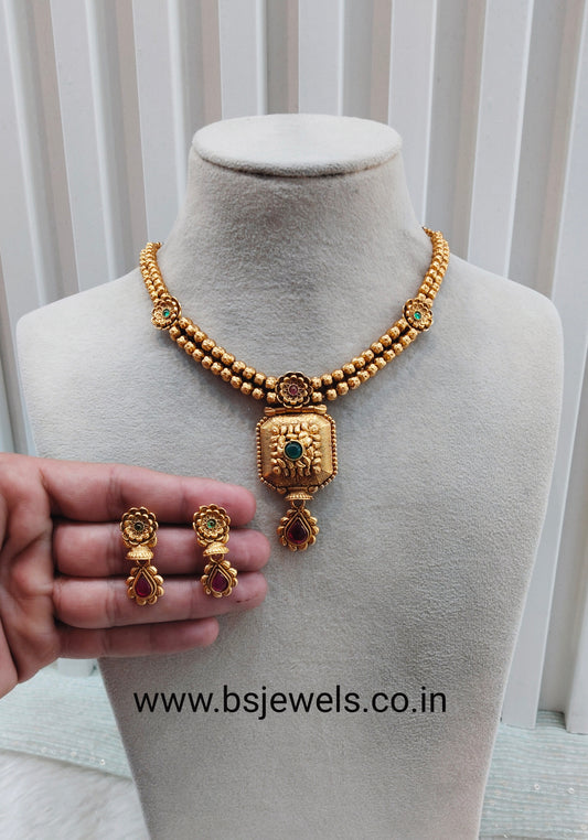 Ruby Green Gold Polki Necklace Jewellery Harf Set