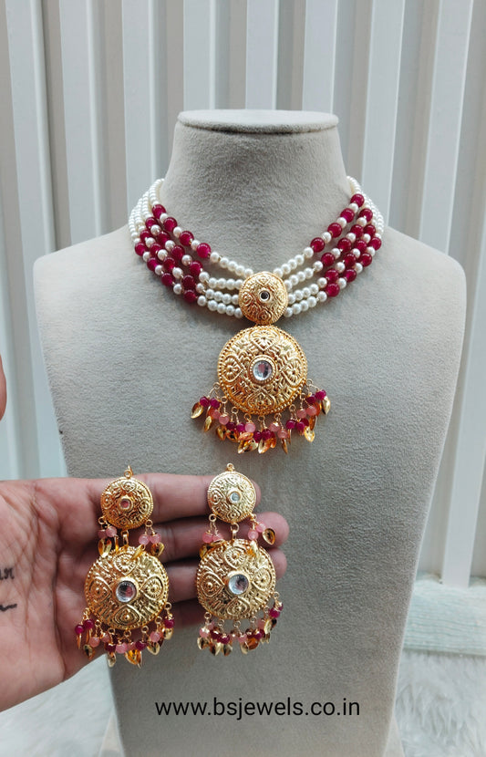 Majenta Pink Gold Jadau Punjabi Style Choker Jewellery Smith Set