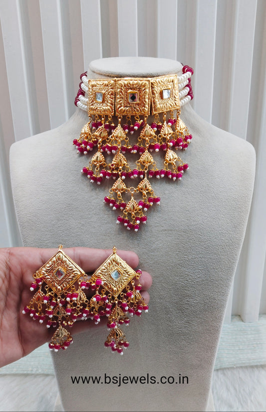 Majenta Gold Jadau Punjabi Style Choker Jewellery Smith Set