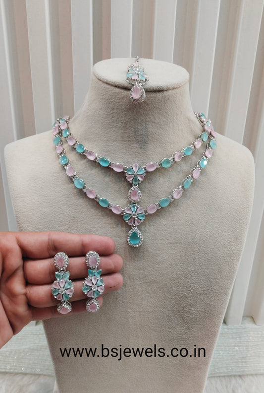Mint Pink Silver CZ Necklace Jewellery Harteij Set