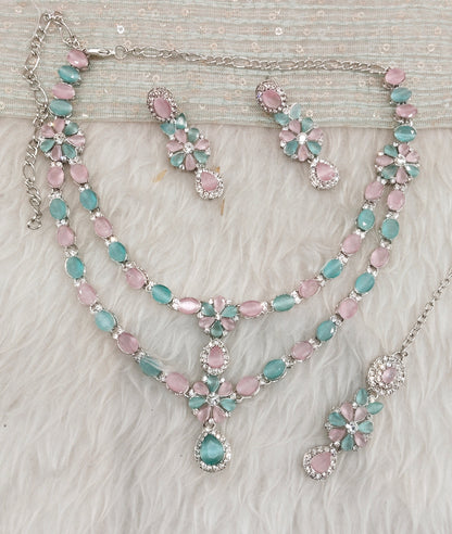 Mint Pink Silver CZ Necklace Jewellery Harteij Set
