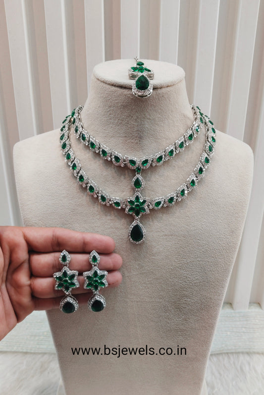 Green Silver CZ Necklace Jewellery Harteij Set