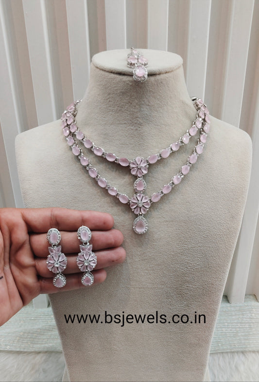 Pink Silver CZ Necklace Jewellery Harteij Set