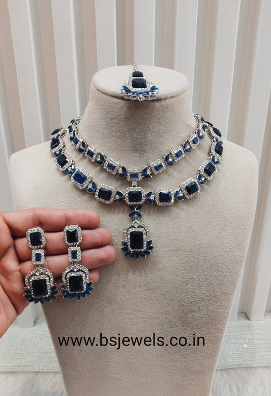 Blue Silver CZ Necklace Jewellery Gajrup Set