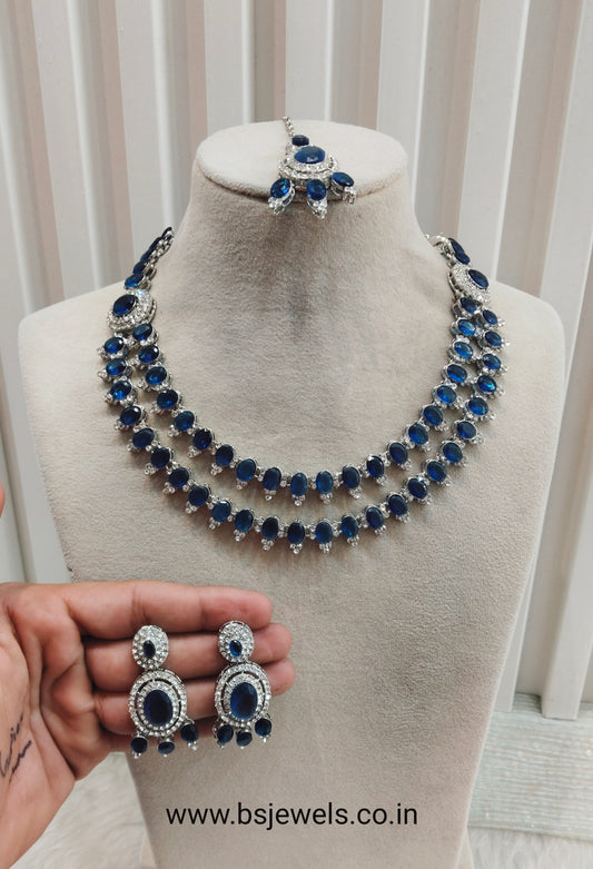 Blue Silver CZ Necklace Jewellery Gajrup Set