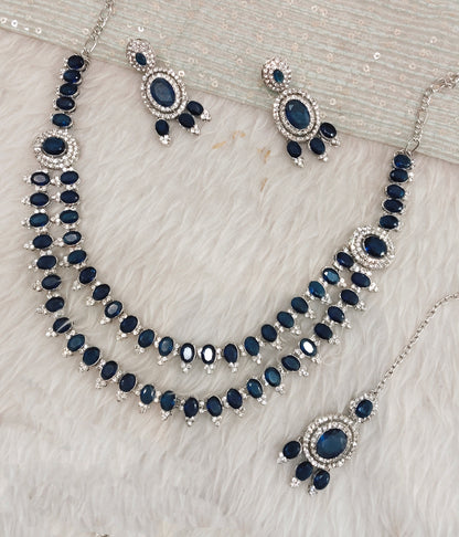 Blue Silver CZ Necklace Jewellery Gajrup Set