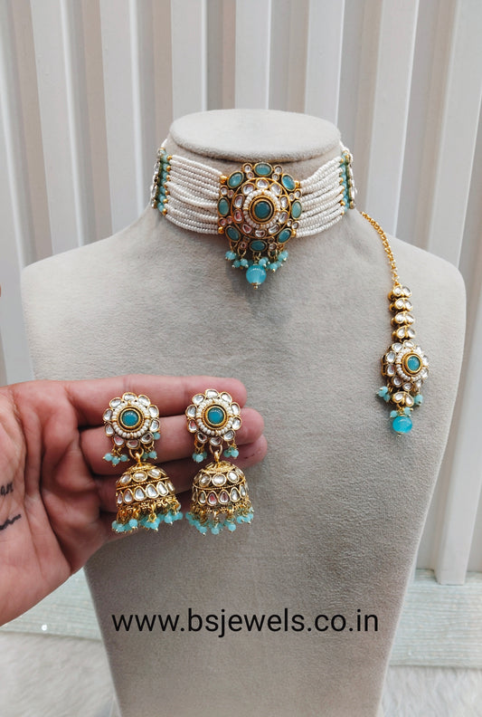 Sky Blue Kundan Choker Jewellery Farhat Set